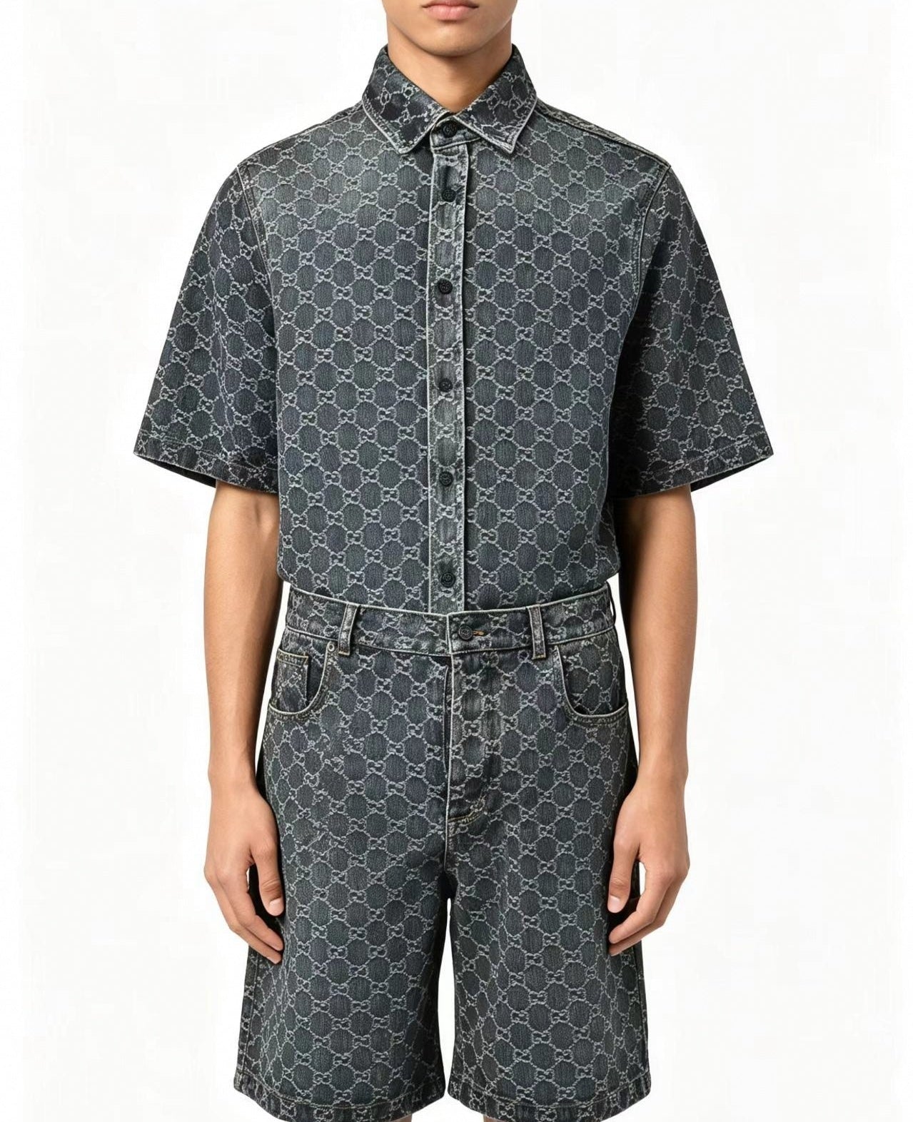 GG Monogram Short-Sleeve Denim Shirt | Dark Indigo Wash