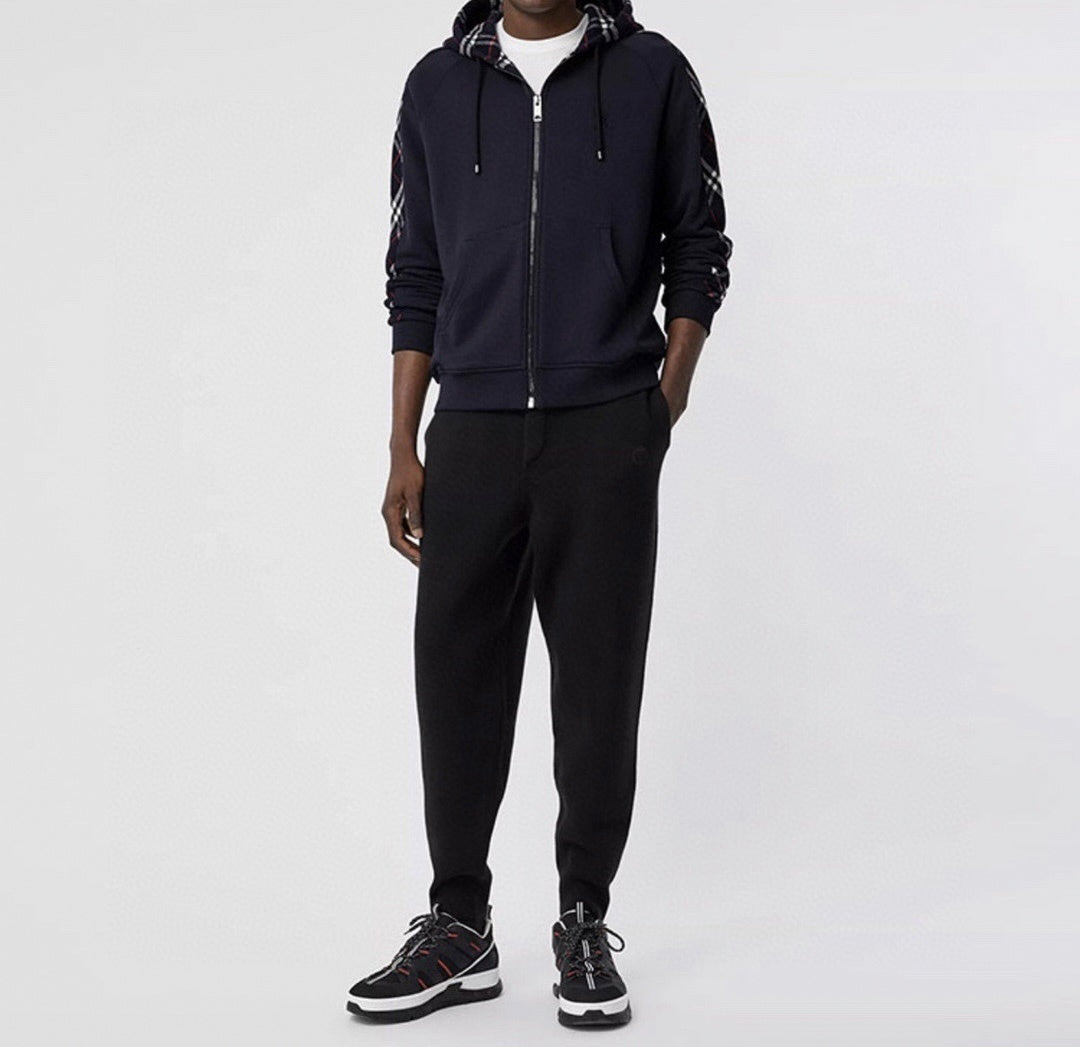 TB Monogram Zip-Up Checked Trim Hoodie | Navy