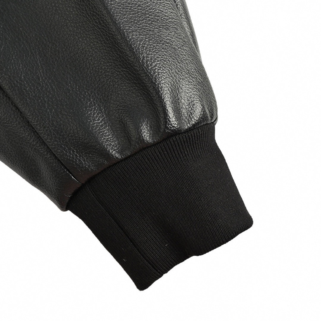 Tonal Leather Hooded Varsity Jacket | Black