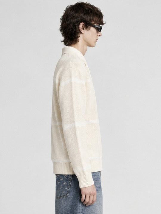 Striped Long-Sleeved Knit Polo Jumper in Cream & Tan Leather Patch