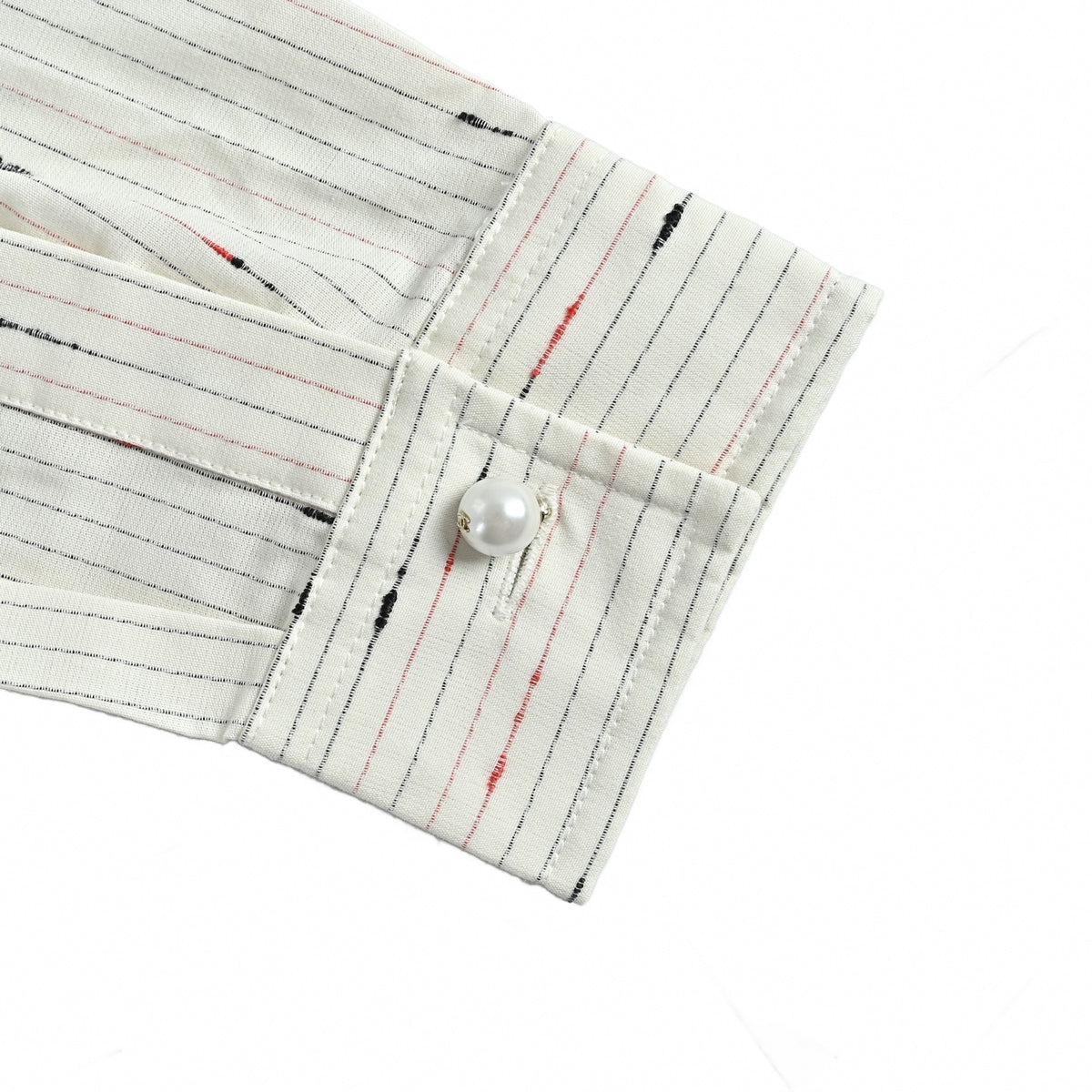 Textured Fil-Coupé Pinstripe Shirt with Pearl Cuffs in Off-White