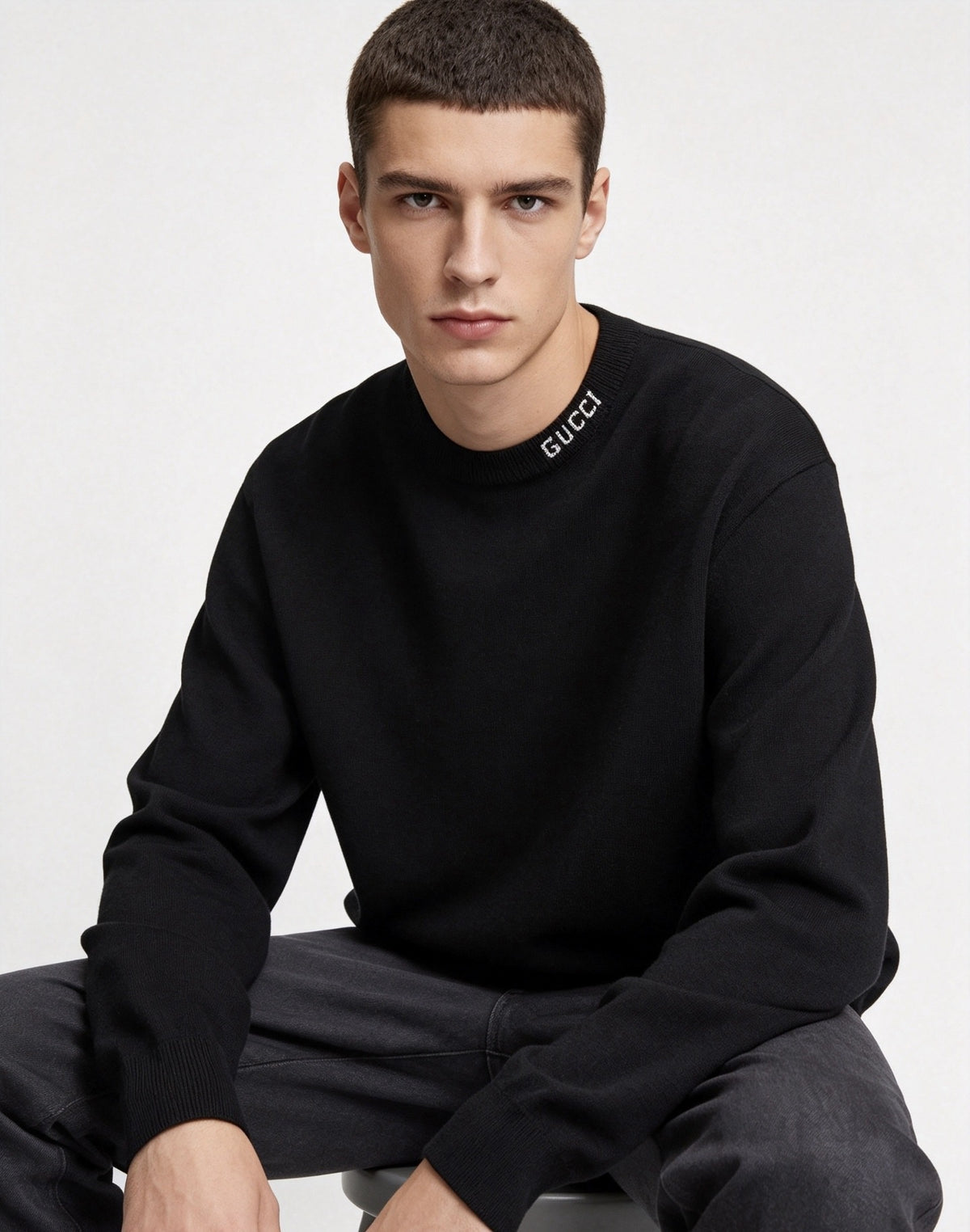 Embroidered Collar Wool Crewneck Sweater in Black