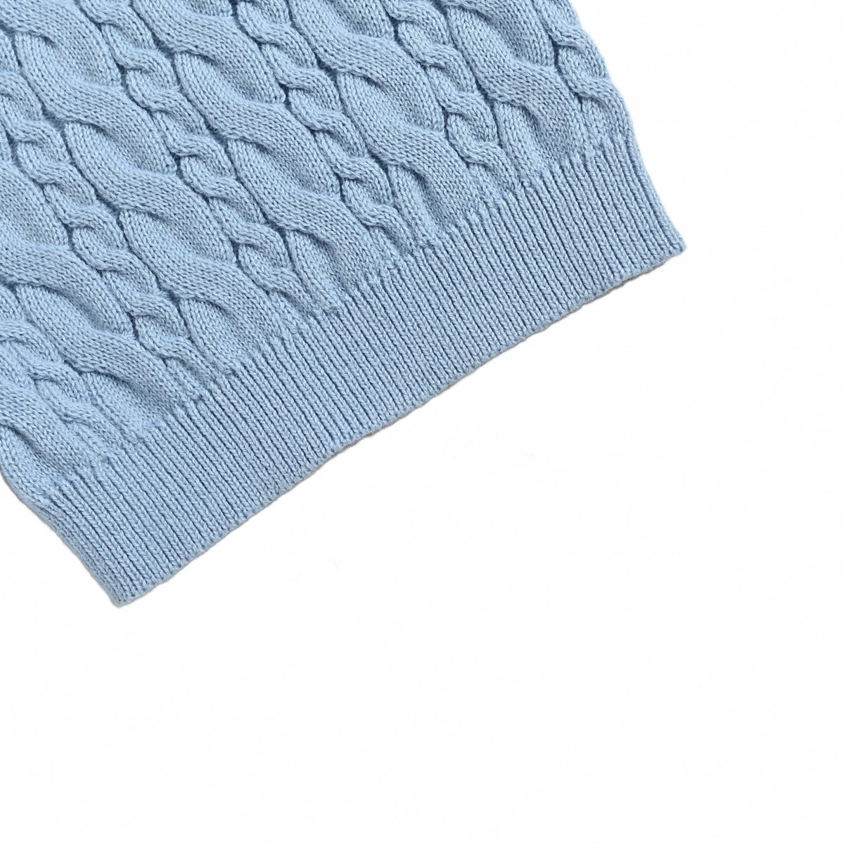 Cable Knit Short-Sleeve Sweater with Crest - Light Blue