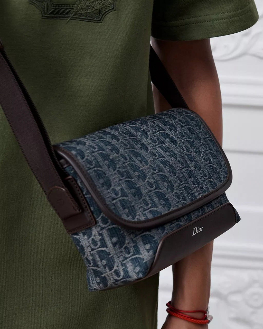 Mini Jett Flap Messenger Bag in Blue Dior Oblique Denim Jacquard & Brown Leather