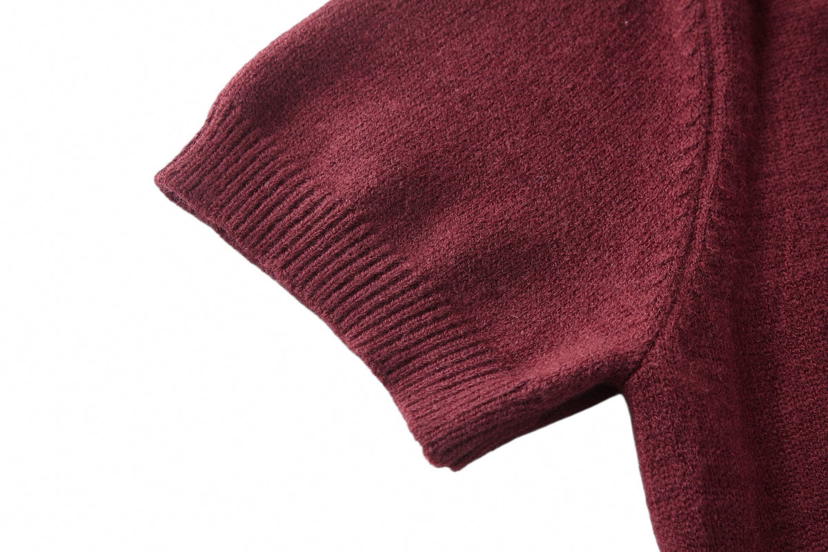 Tonal Embroidered Logo Short-Sleeve Knit Sweater in Burgundy