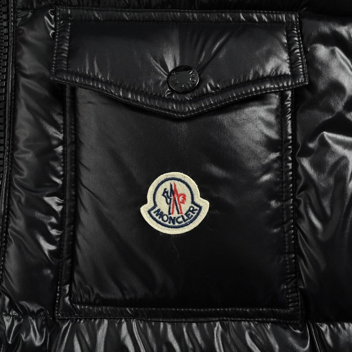 Tricolor Zip Hooded Down Puffer Jacket in Shiny Black