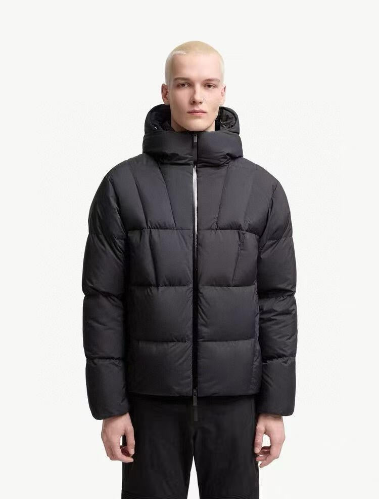 Matte Grid-Quilted Hooded Down Puffer Jacket in Matte Black