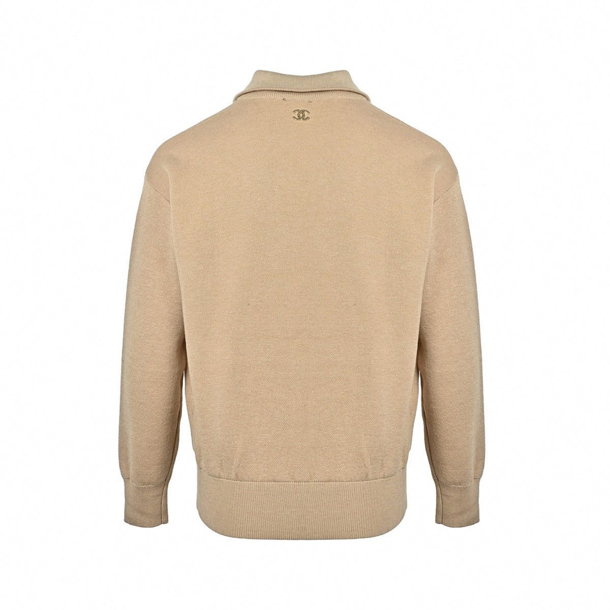 Metal CC Logo Half-Zip Wool Knit Sweater in Beige