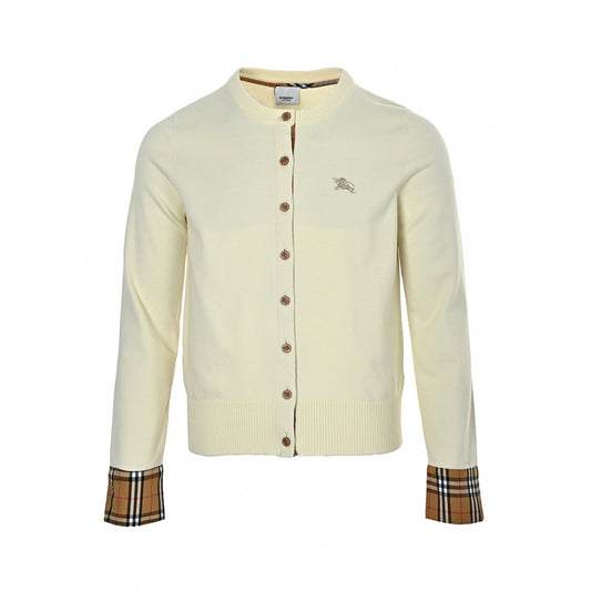 Vintage Check Cuff Knit Cardigan in Cream & Off-White