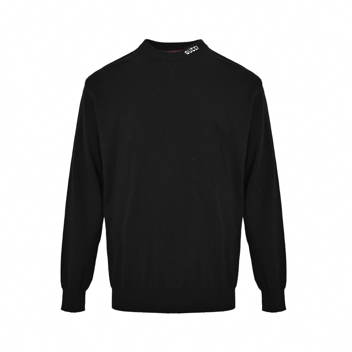 Embroidered Collar Wool Crewneck Sweater in Black