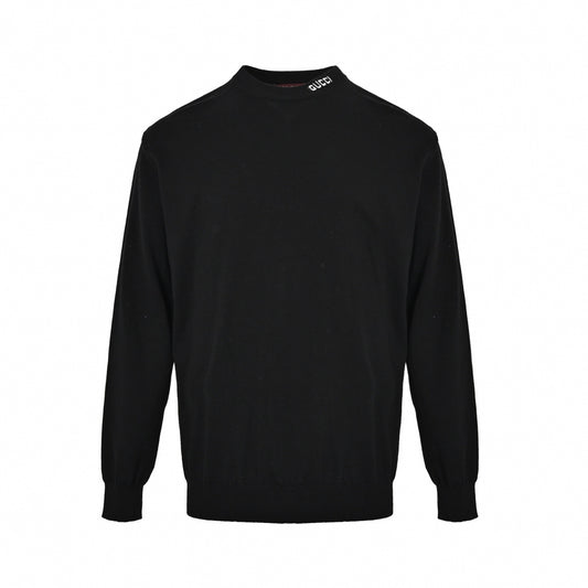 Embroidered Collar Wool Crewneck Sweater in Black