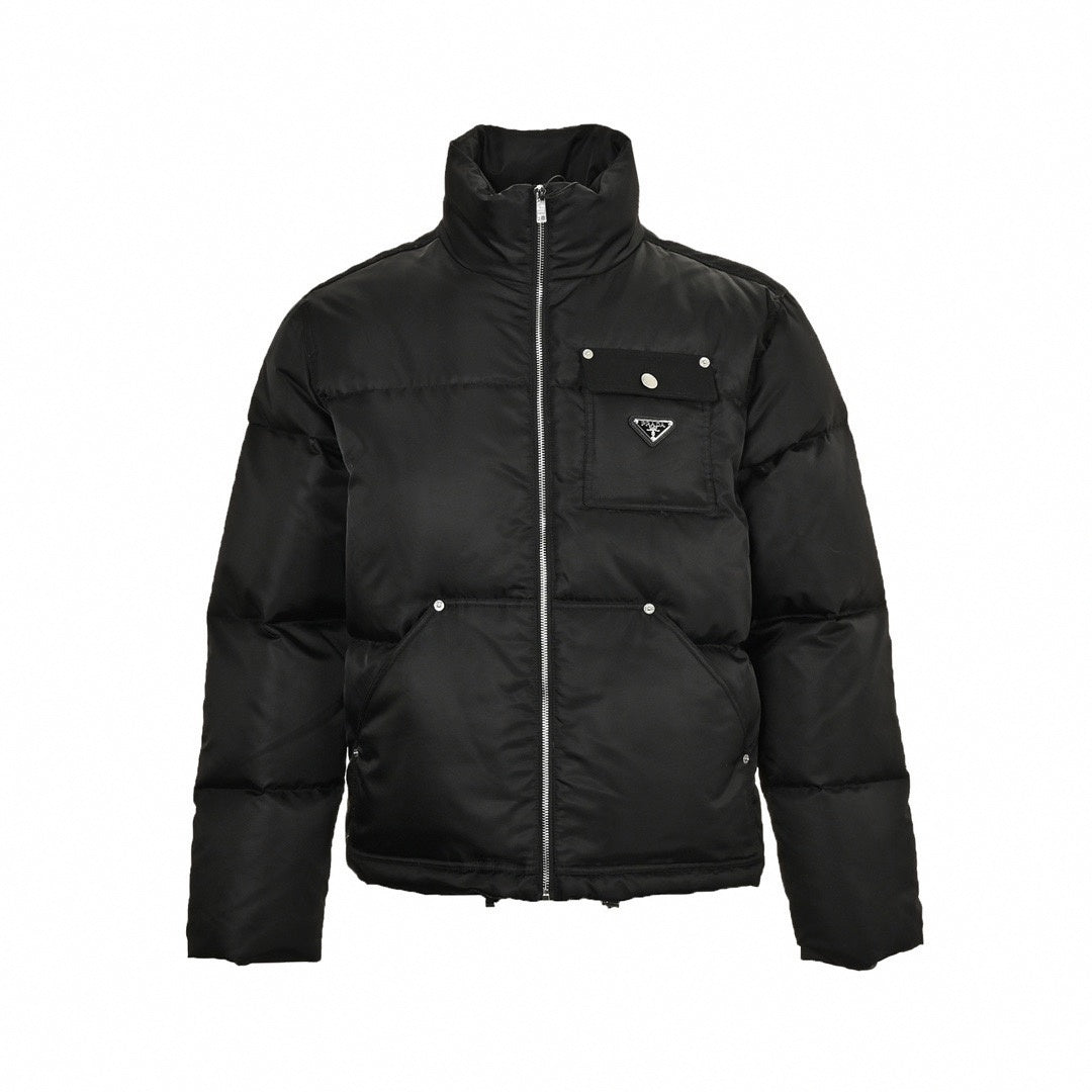 Enamel Triangle Logo Re-Nylon Puffer Jacket in Jet Black
