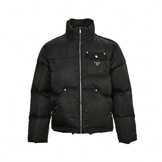 Enamel Triangle Logo Re-Nylon Puffer Jacket in Jet Black