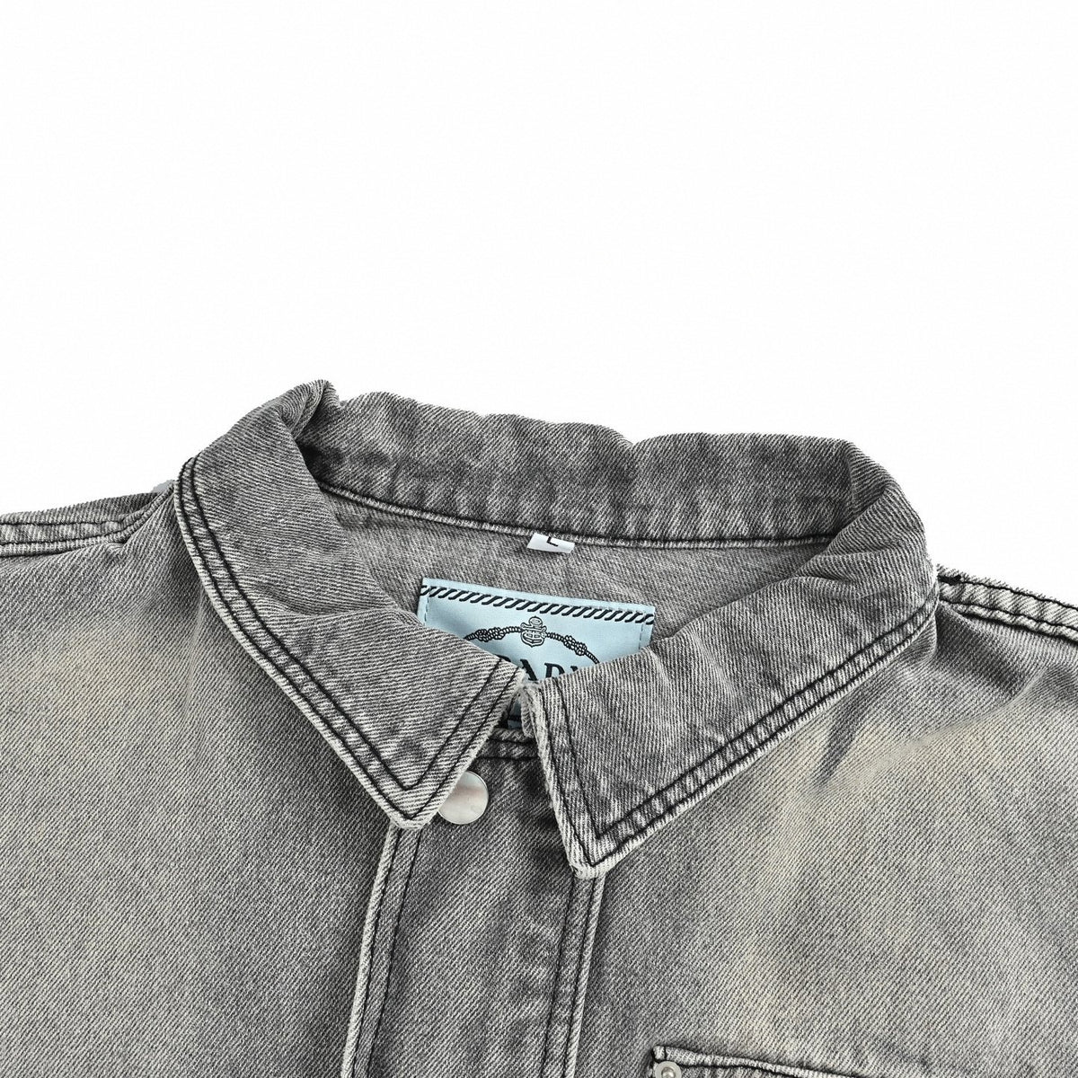 Enamel Triangle Logo Washed Denim Jacket in Grey