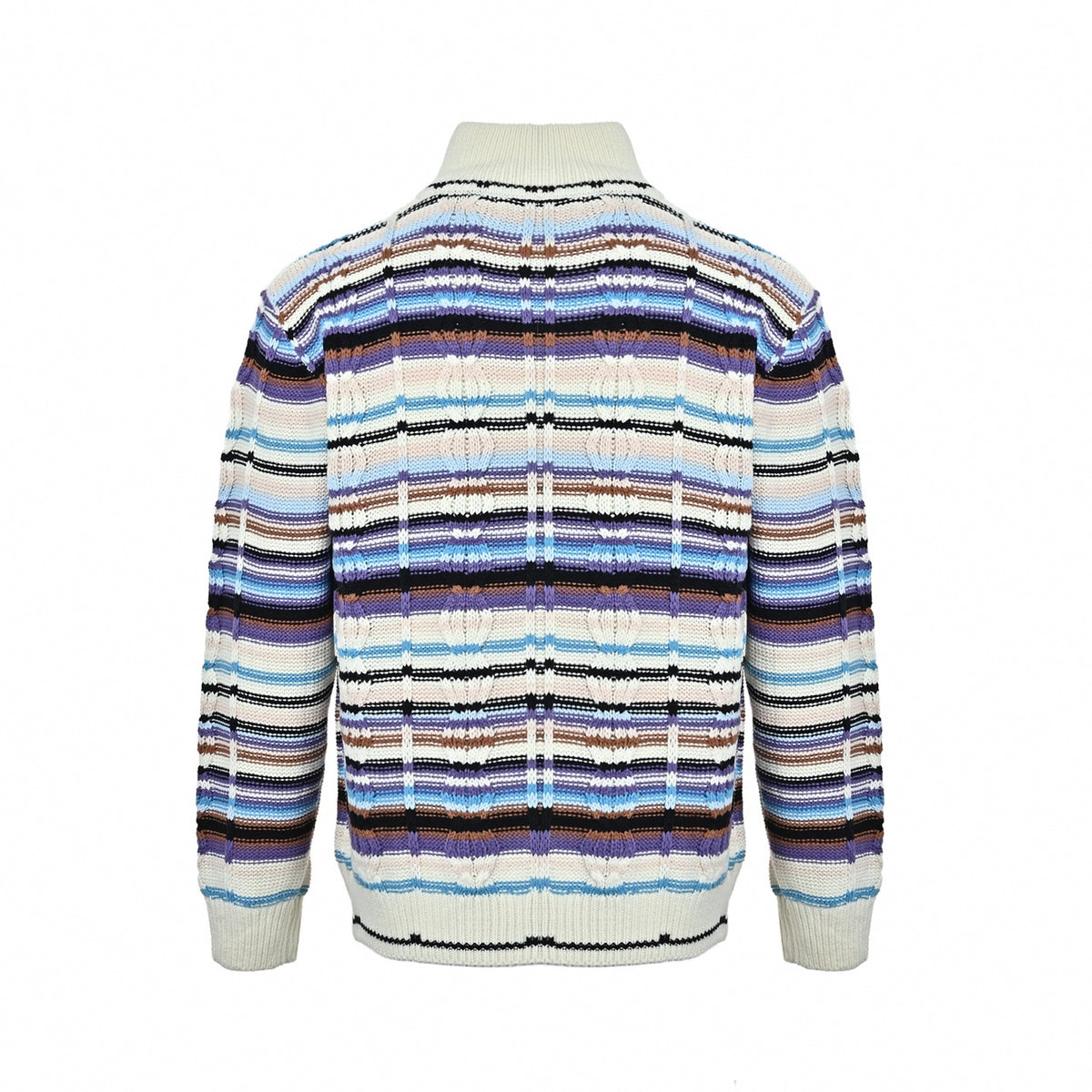 Striped Cable-Knit Full-Zip Sweater Jacket with Leather Patch