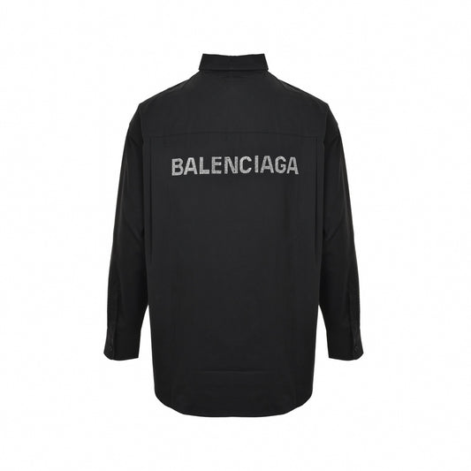 Rhinestone Back Logo Cotton Button-Down Oversized Shirt in Black