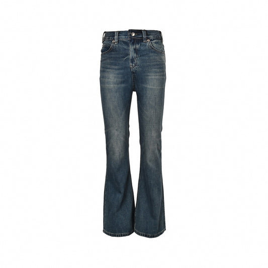 Women Vintage Wash Flared Denim Jeans in Indigo Blue