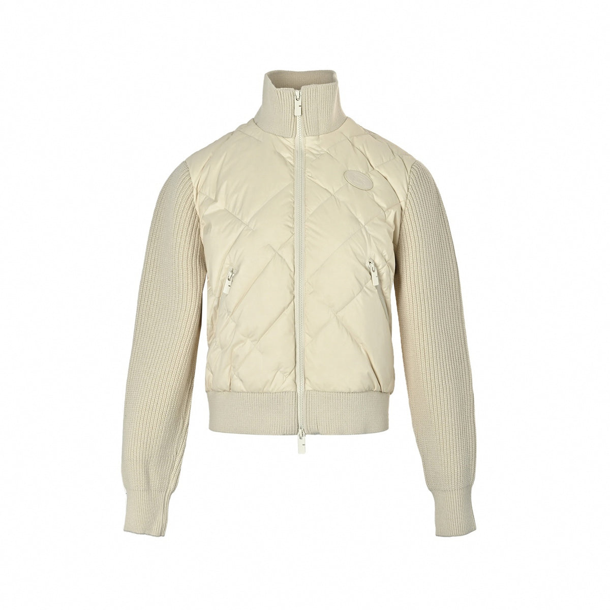 Hybrid Knit & Quilted Down Cardigan Jacket in Off-White & Beige