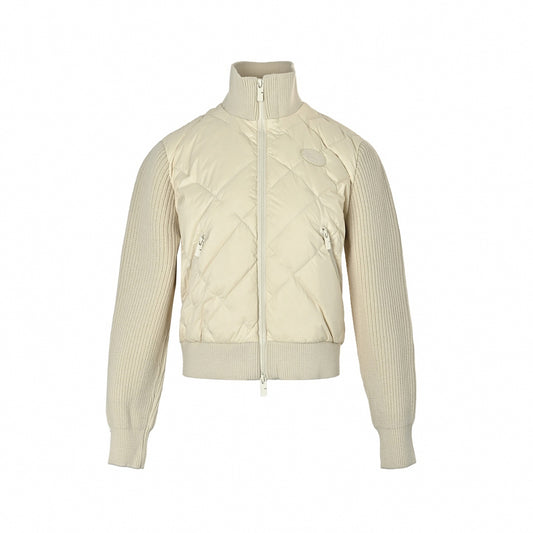 Hybrid Knit & Quilted Down Cardigan Jacket in Off-White & Beige