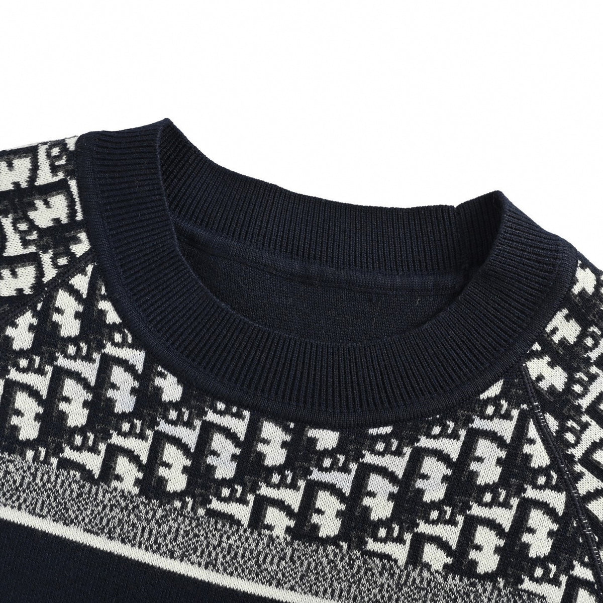 Reversible Oblique Jacquard Crewneck Sweater in Deep Navy & White