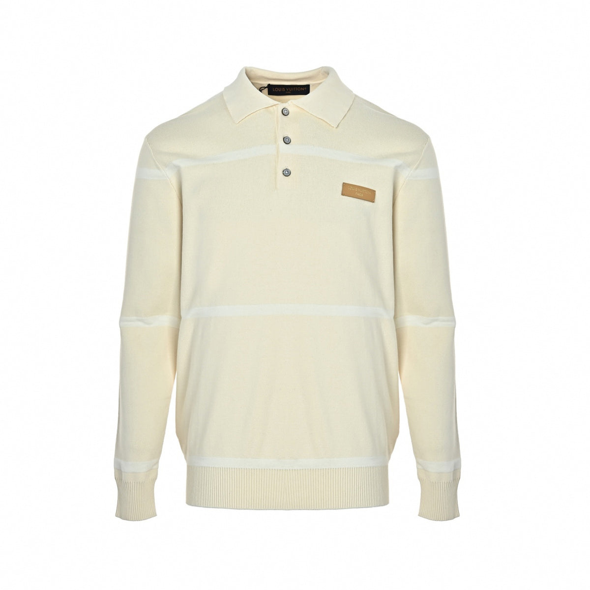 Striped Long-Sleeved Knit Polo Jumper in Cream & Tan Leather Patch