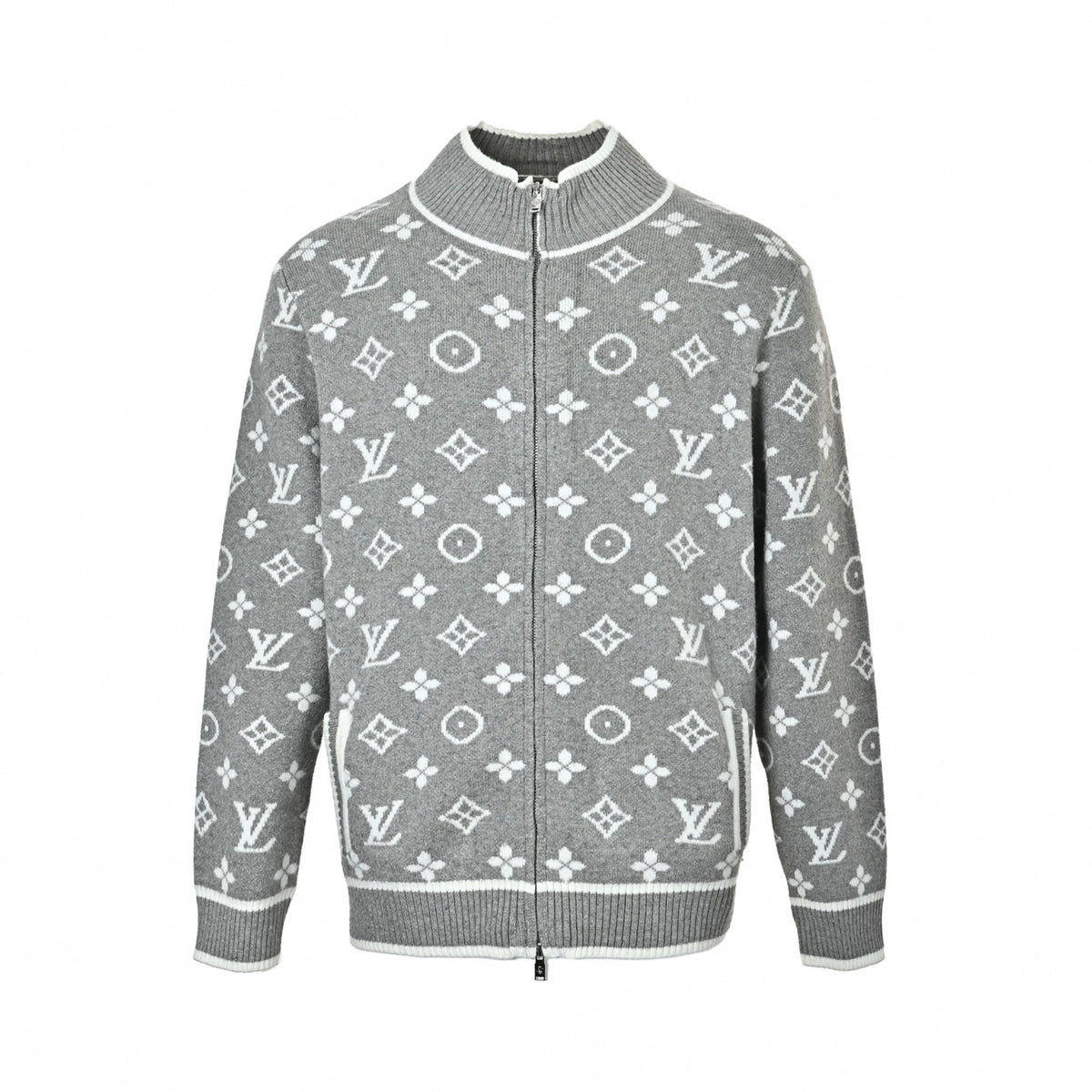 Monogram Jacquard Full-Zip Knit Jacket in Grey & White
