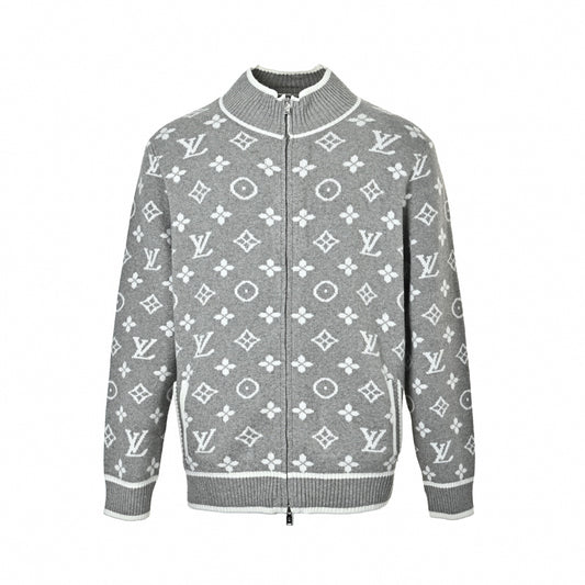 Monogram Jacquard Full-Zip Knit Jacket in Grey & White