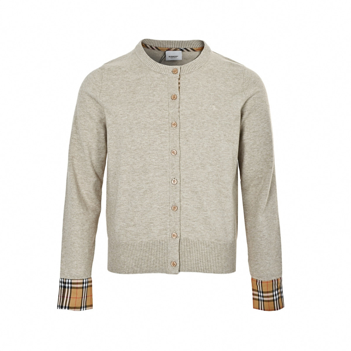 Vintage Check Cuff Knit Cardigan in Oatmeal Beige