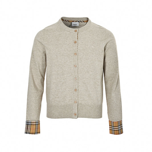 Vintage Check Cuff Knit Cardigan in Oatmeal Beige