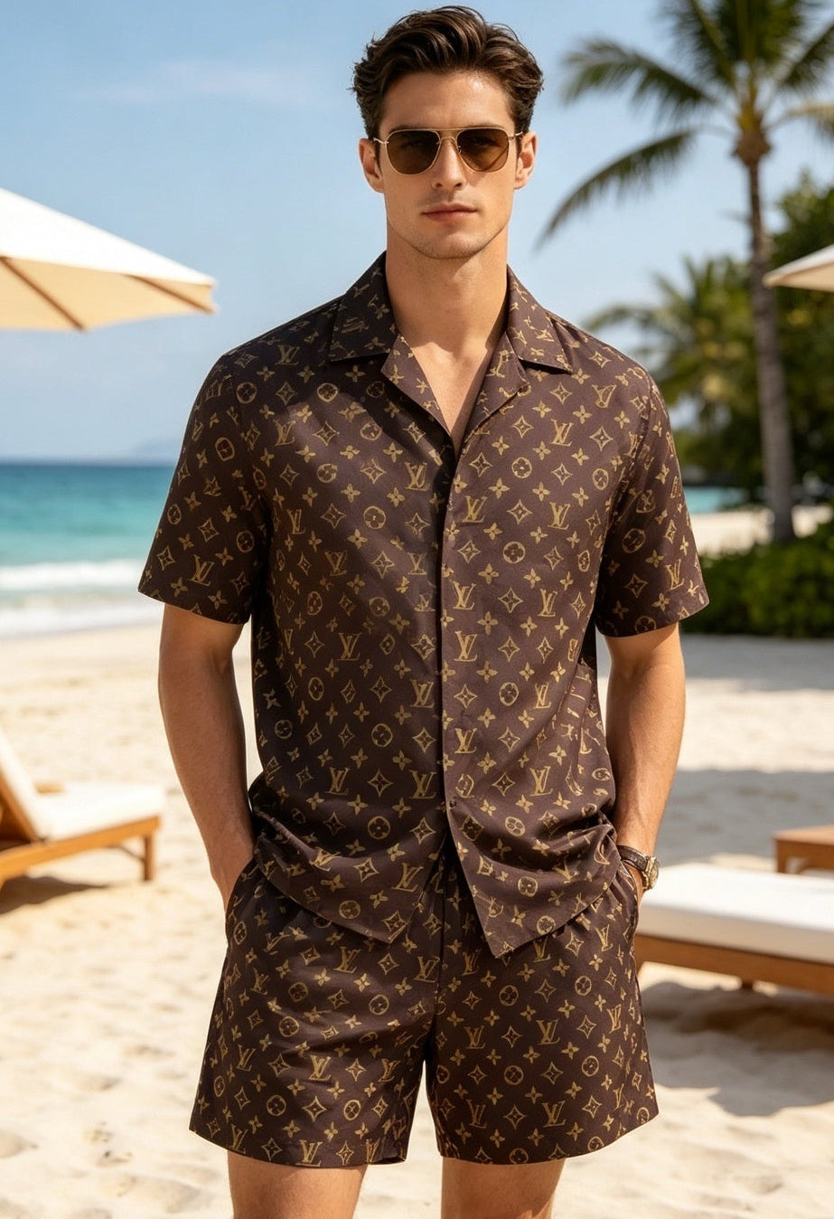 All-Over Monogram Swim Shorts - Brown
