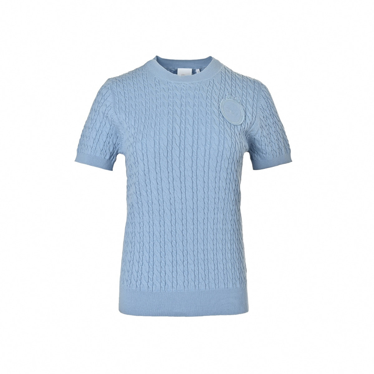 Cable Knit Short-Sleeve Sweater with Crest - Light Blue