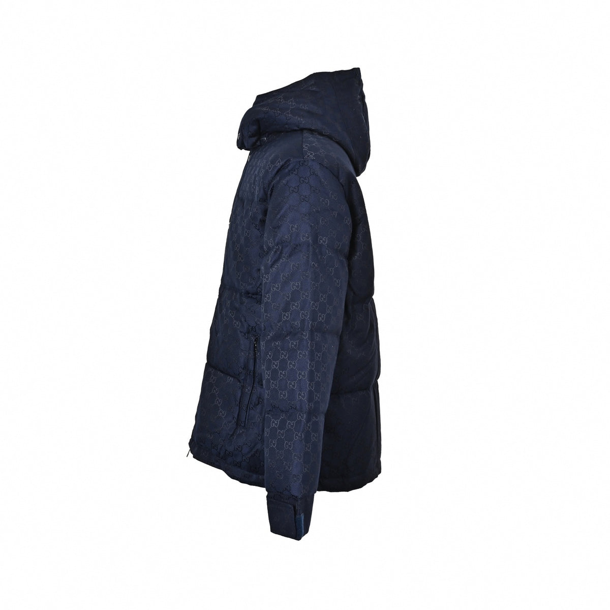 GG Jacquard Canvas Hooded Down Puffer Jacket in Dark Navy