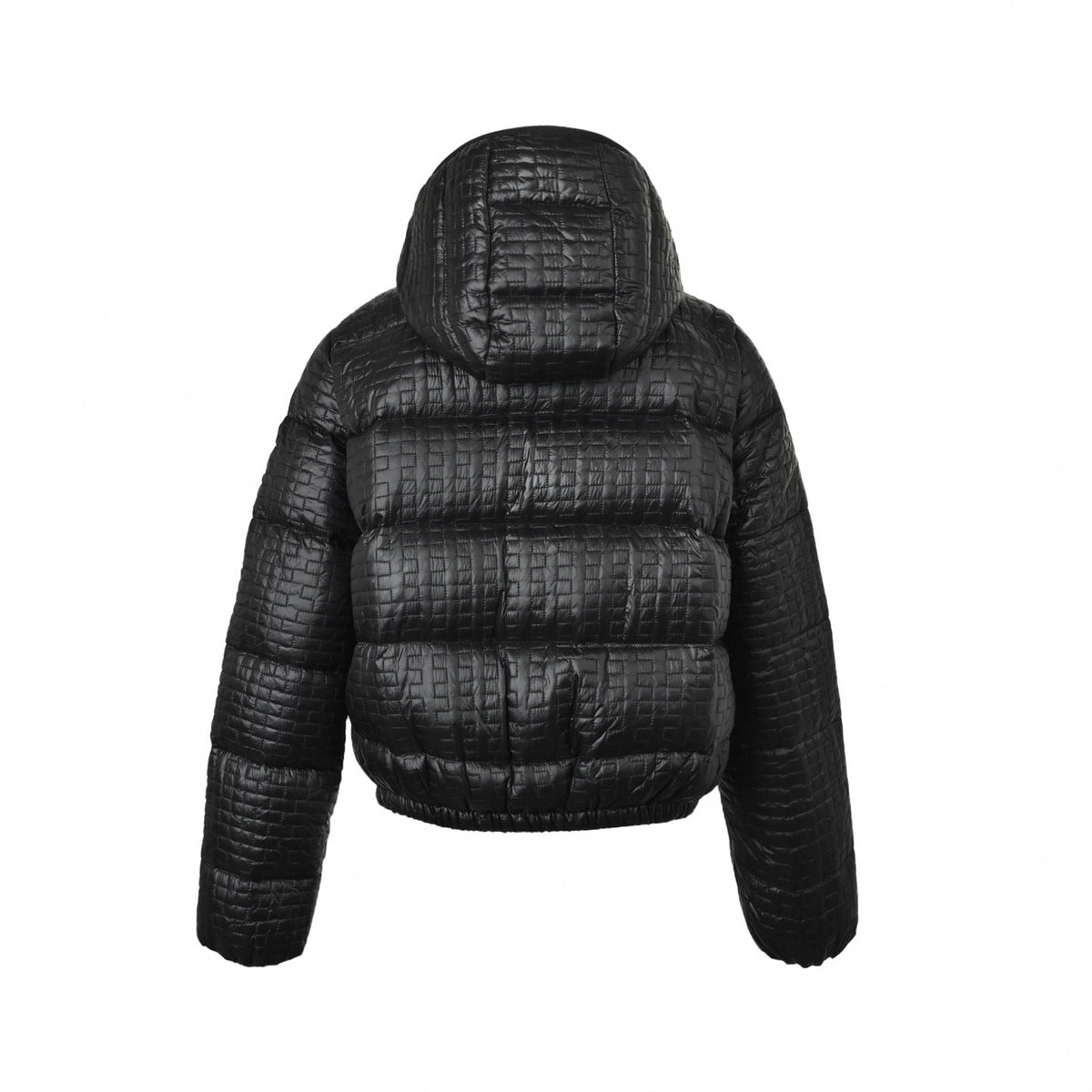 Embossed Brick Grid-Quilted Hooded Down Puffer Jacket in Glossy Black