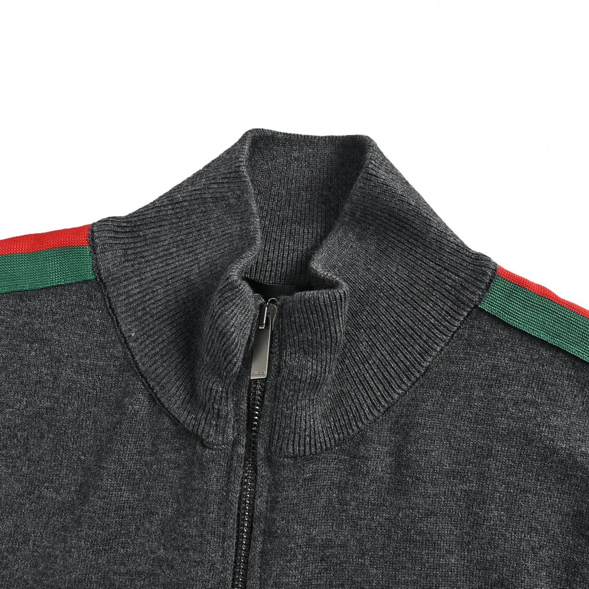 Web Stripe Wool Full-Zip Knit Cardigan Track Jacket in Charcoal Grey