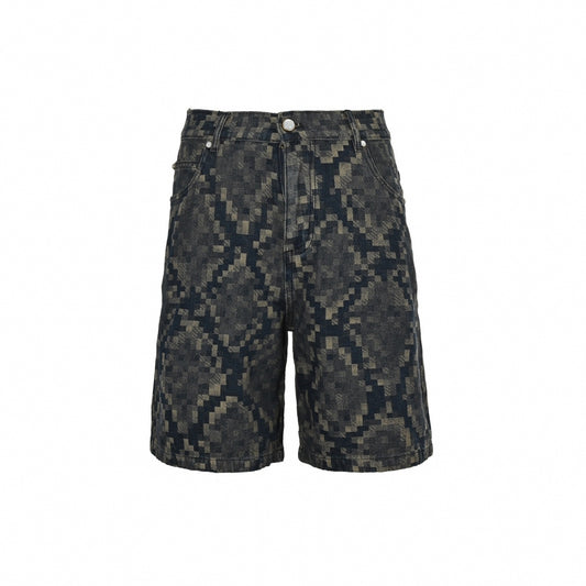 Pixelated Damier Denim Shorts | Indigo Blue