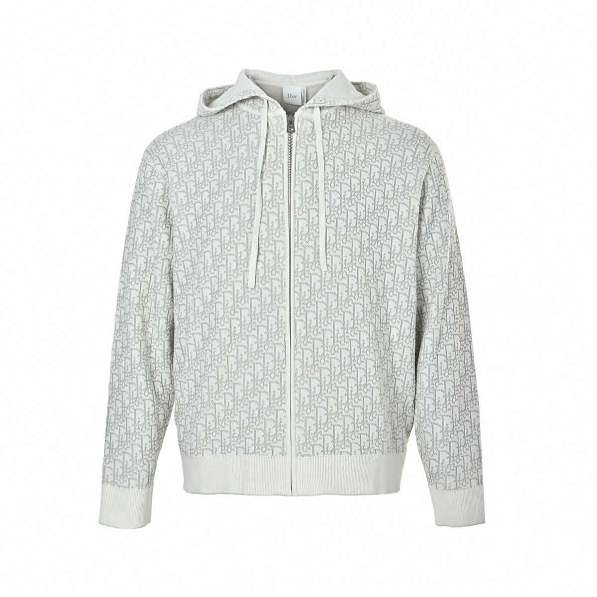 Oblique Jacquard Full-Zip Knit Hoodie in Off-White & Light Grey