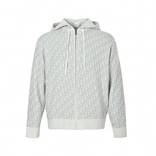 Oblique Jacquard Full-Zip Knit Hoodie in Off-White & Light Grey