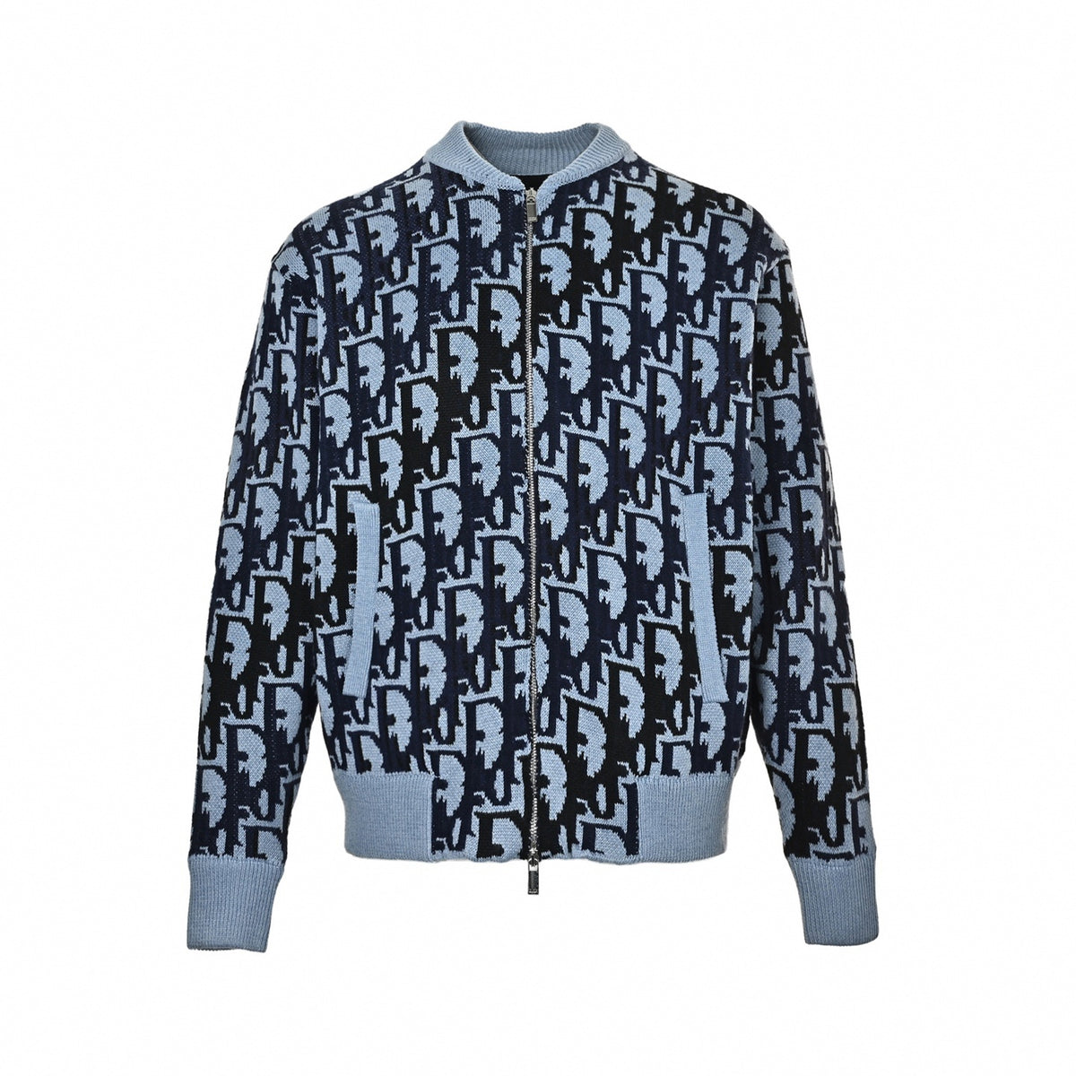 Oblique Jacquard Full-Zip Knit Jacket in Light Blue & Navy