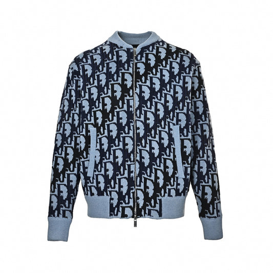 Oblique Jacquard Full-Zip Knit Jacket in Light Blue & Navy