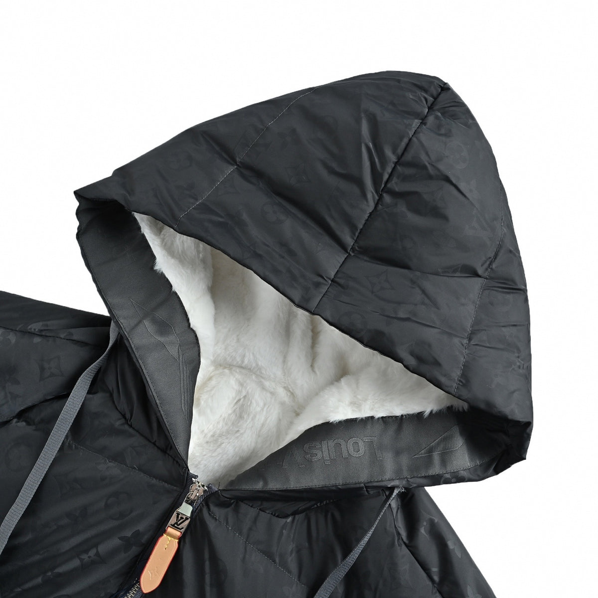 Monogram Jacquard Hooded Down Puffer in Charcoal Grey