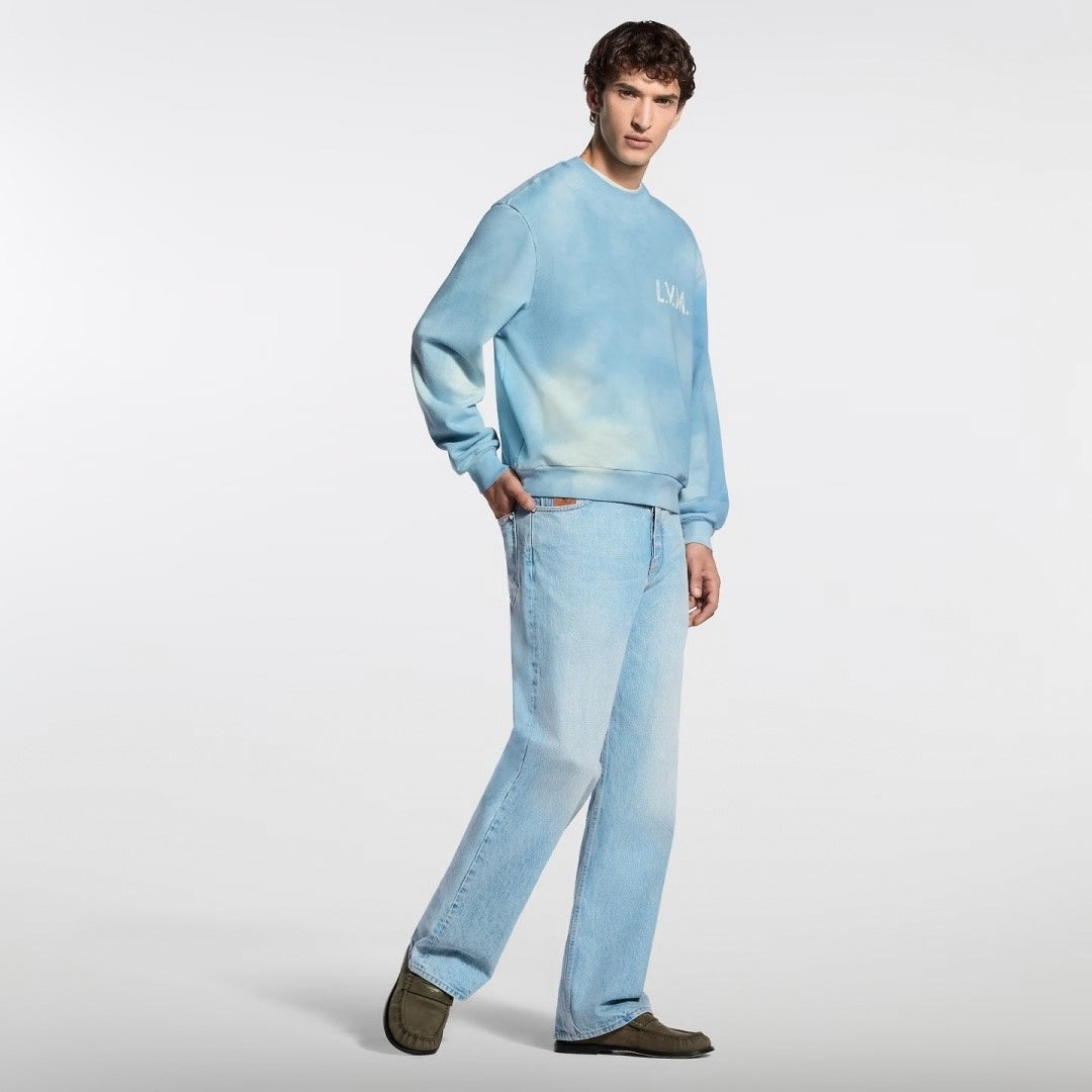 Clouds Wash L.V.M. Embroidered Crewneck Sweatshirt in Sky Blue