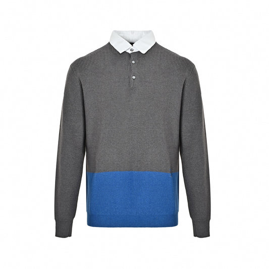 Color-Blocked Ribbed Wool Polo Collar Sweater in Grey & Electric Blue