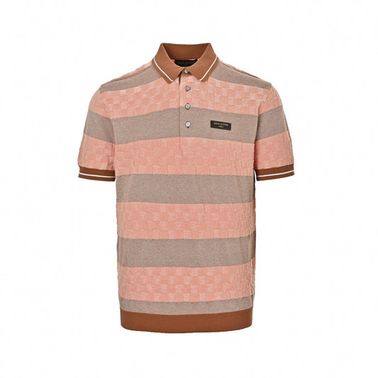 Damier Stripe Knit Polo - Coral/Beige