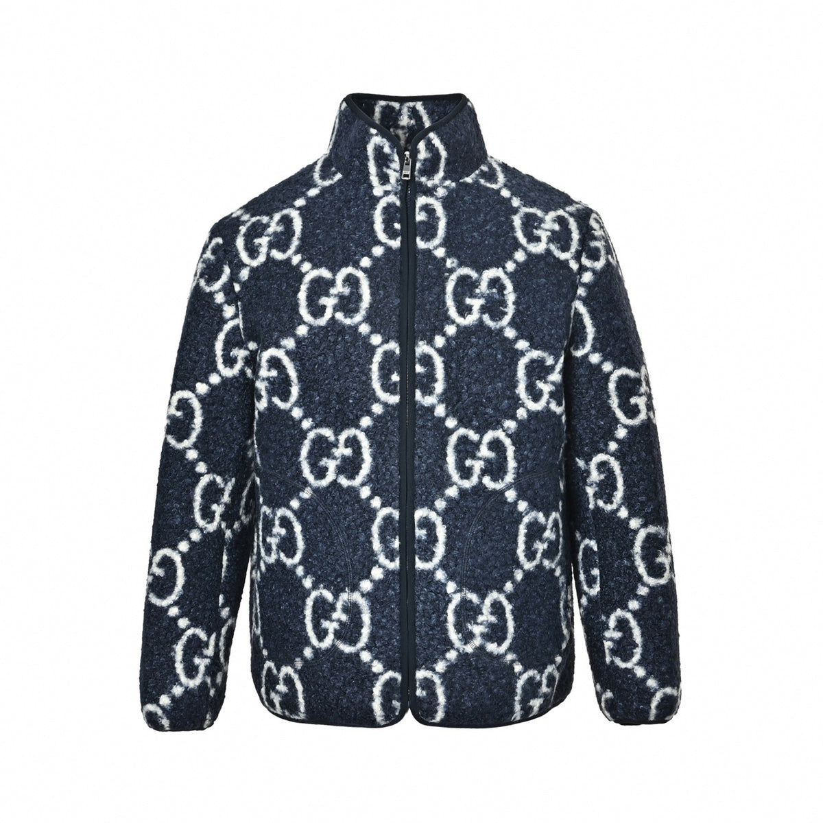 Maxi GG Wool Bouclé Fleece Zip Jacket in Navy Blue & Off-White