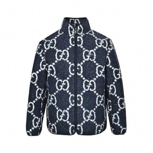 Maxi GG Wool Bouclé Fleece Zip Jacket in Navy Blue & Off-White