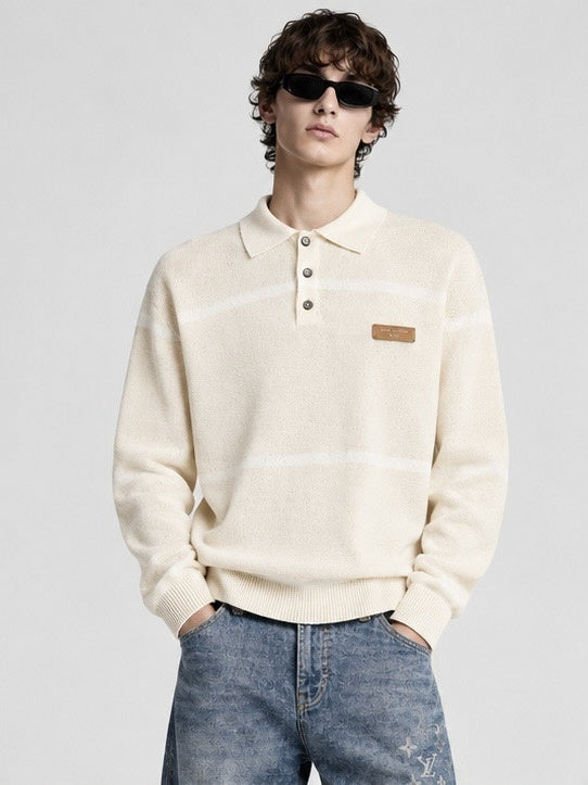 Striped Long-Sleeved Knit Polo Jumper in Cream & Tan Leather Patch