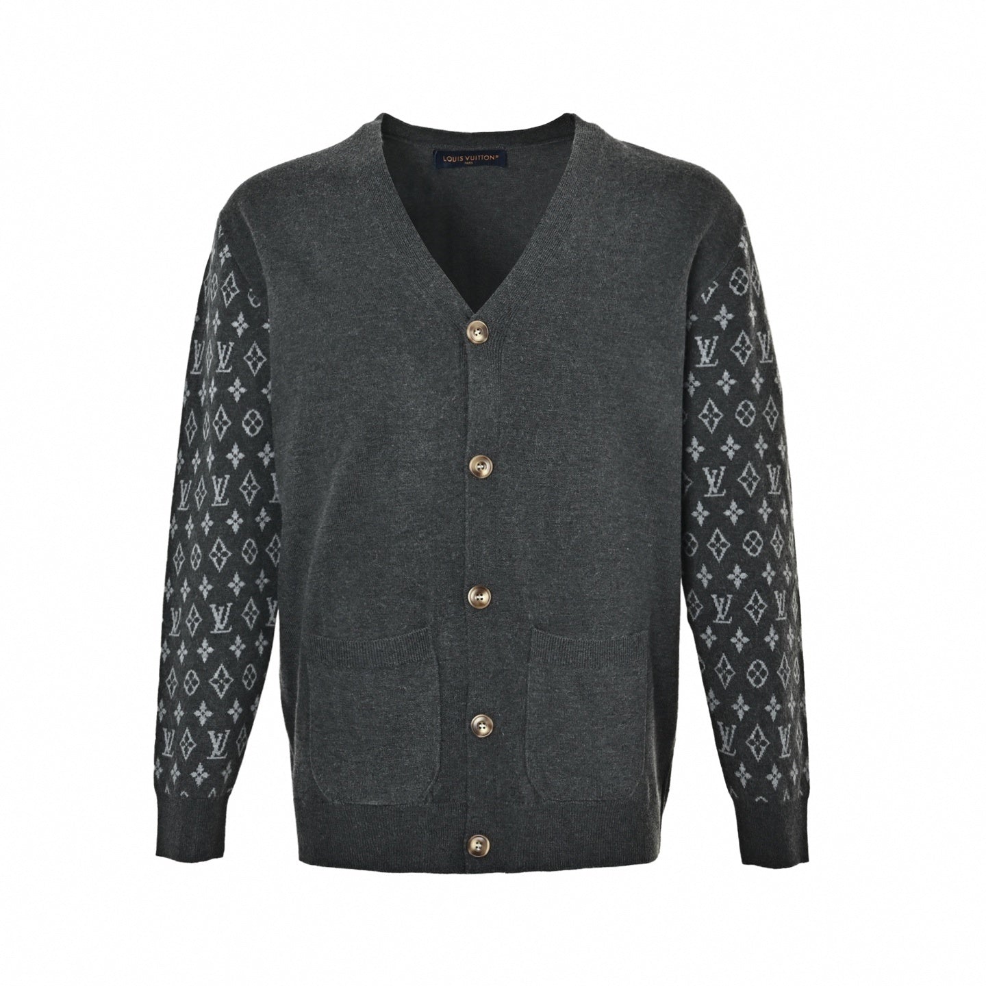 Monogram Sleeve V-Neck Cardigan - Charcoal Grey
