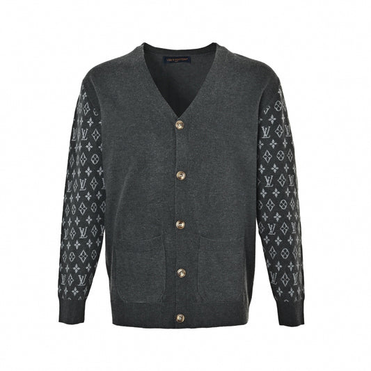 Monogram Sleeve V-Neck Cardigan - Charcoal Grey