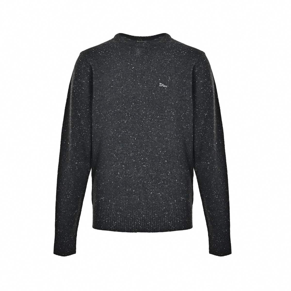 Cursive Embroidered Speckled Wool Crewneck Sweater in Charcoal Grey