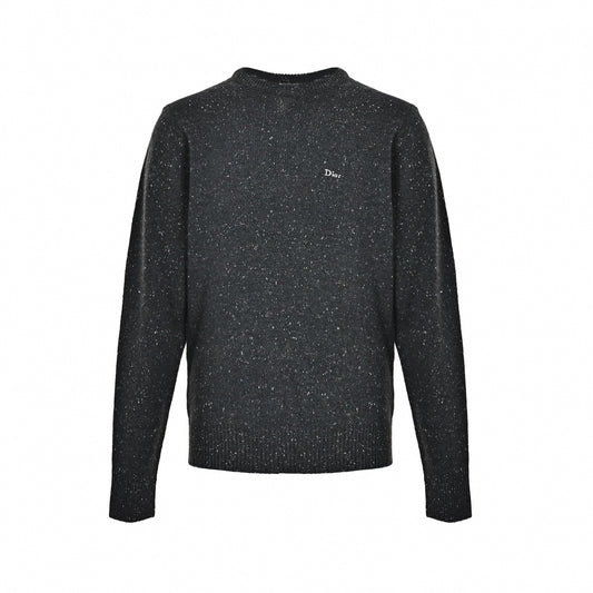 Cursive Embroidered Speckled Wool Crewneck Sweater in Charcoal Grey
